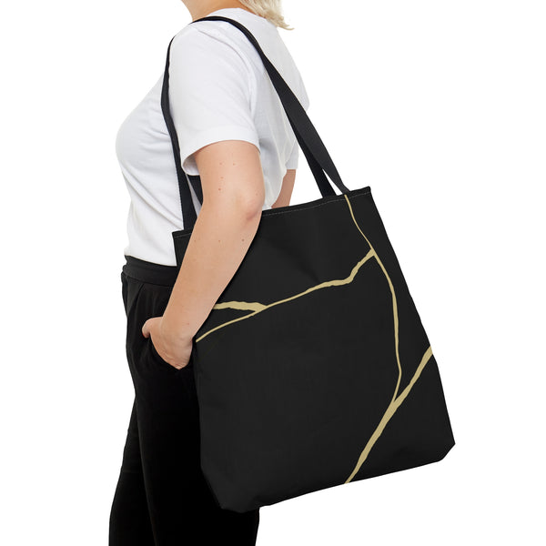 Black Kintsugi Tote Bag, Black and Gold Kintsugi Tote Bag, Kintsugi Shopping Bag, Large Market Bag, Modern Tote Bag, Gift for Her