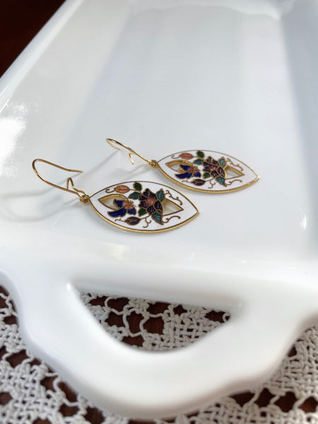 White and Gold Vintage Enamel Earrings