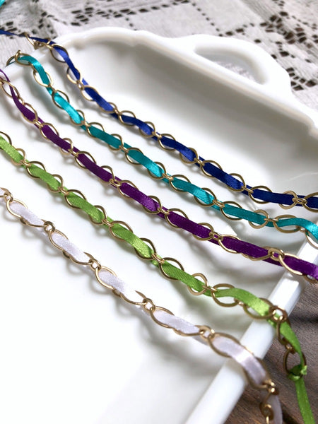 Woven Ribbon Gold Chain Dainty Layering Bracelet - Choose Your Color
