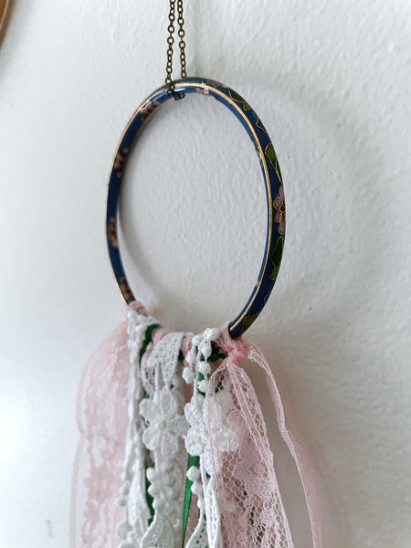 Light Blue Cloisonne and Lace Hoop Wall Hanging