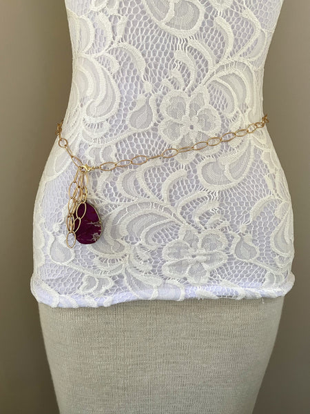 Gold Chain Belt with Magenta Crystal Drop