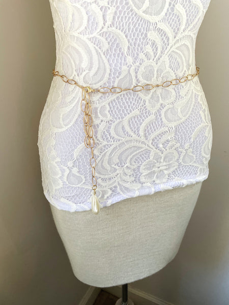 Gold Chain Belt with Pearl Bead Drop