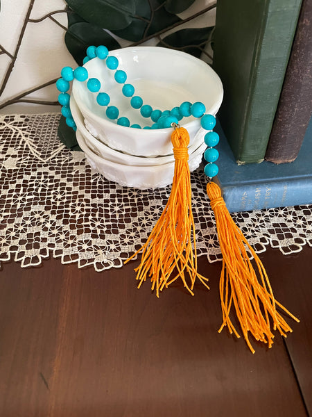 Teal Blue and Yellow Orange Tassel Beaded Accent Garland