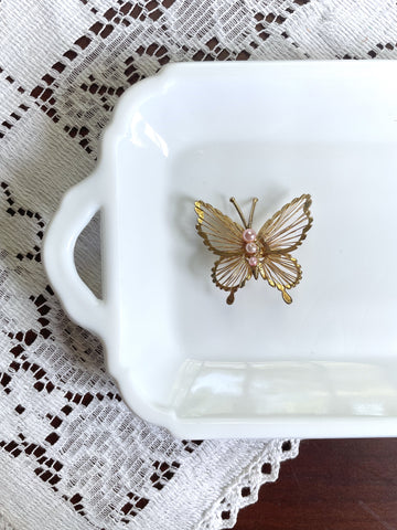 Gold and Faux Pearl Butterfly Pin