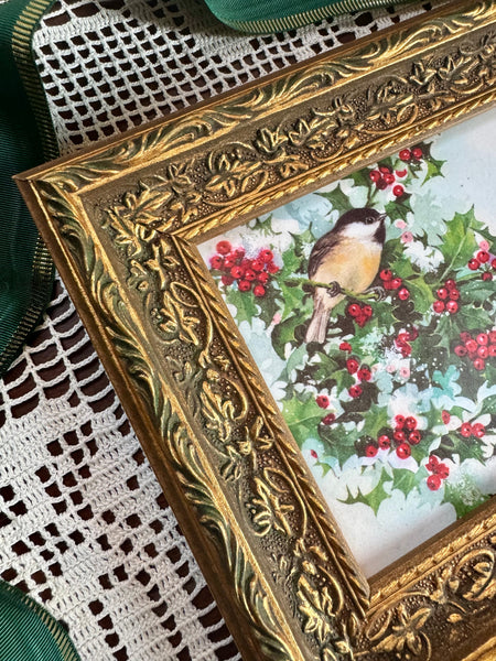 Framed Vintage Chickadee Christmas Card
