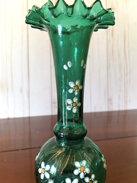 Green and Gold Ruffled Bohemian Glass Vase