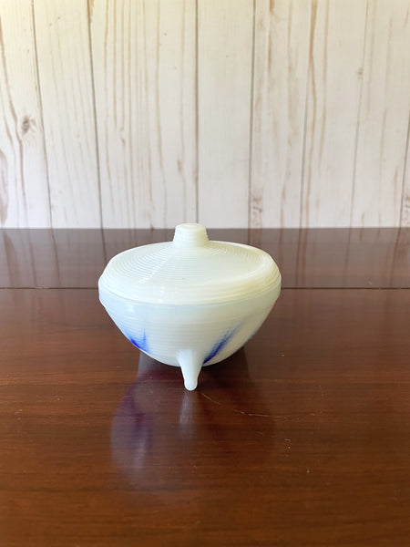 Akro Agate White and Blue Lidded Powder Dish