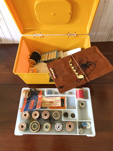 Vintage Yellow Sewing Box Filled with Notions