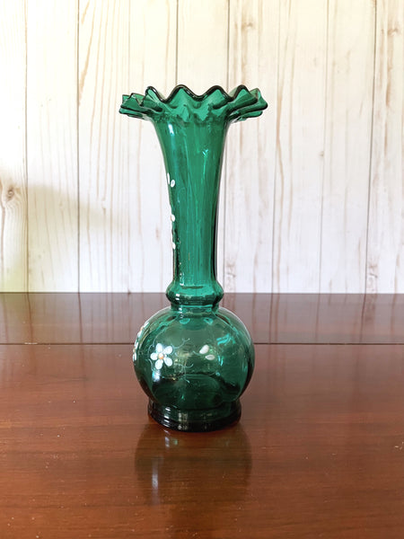 Green and Gold Ruffled Bohemian Glass Vase