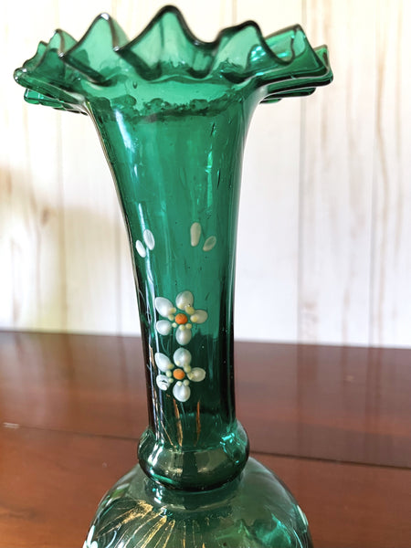 Green and Gold Ruffled Bohemian Glass Vase