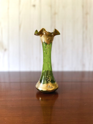 Green and Gold Bohemian Glass Vase