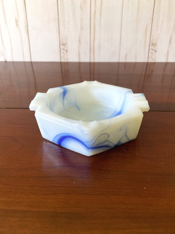 Akro Agate White and Blue Ashtray