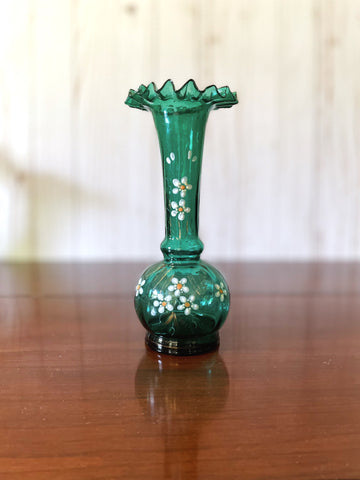 Green and Gold Ruffled Bohemian Glass Vase