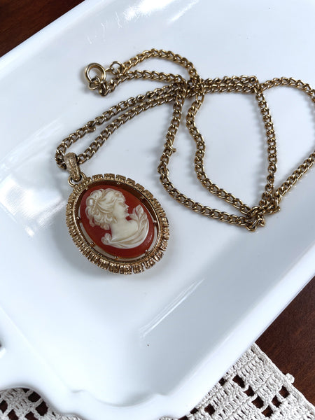 Coral and Gold Reversible Cameo Necklace