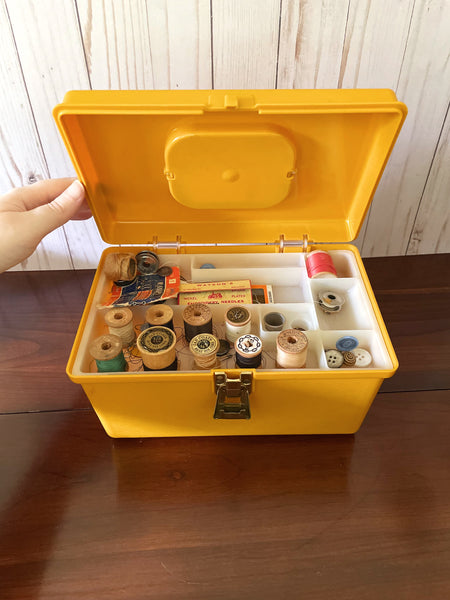Vintage Yellow Sewing Box Filled with Notions