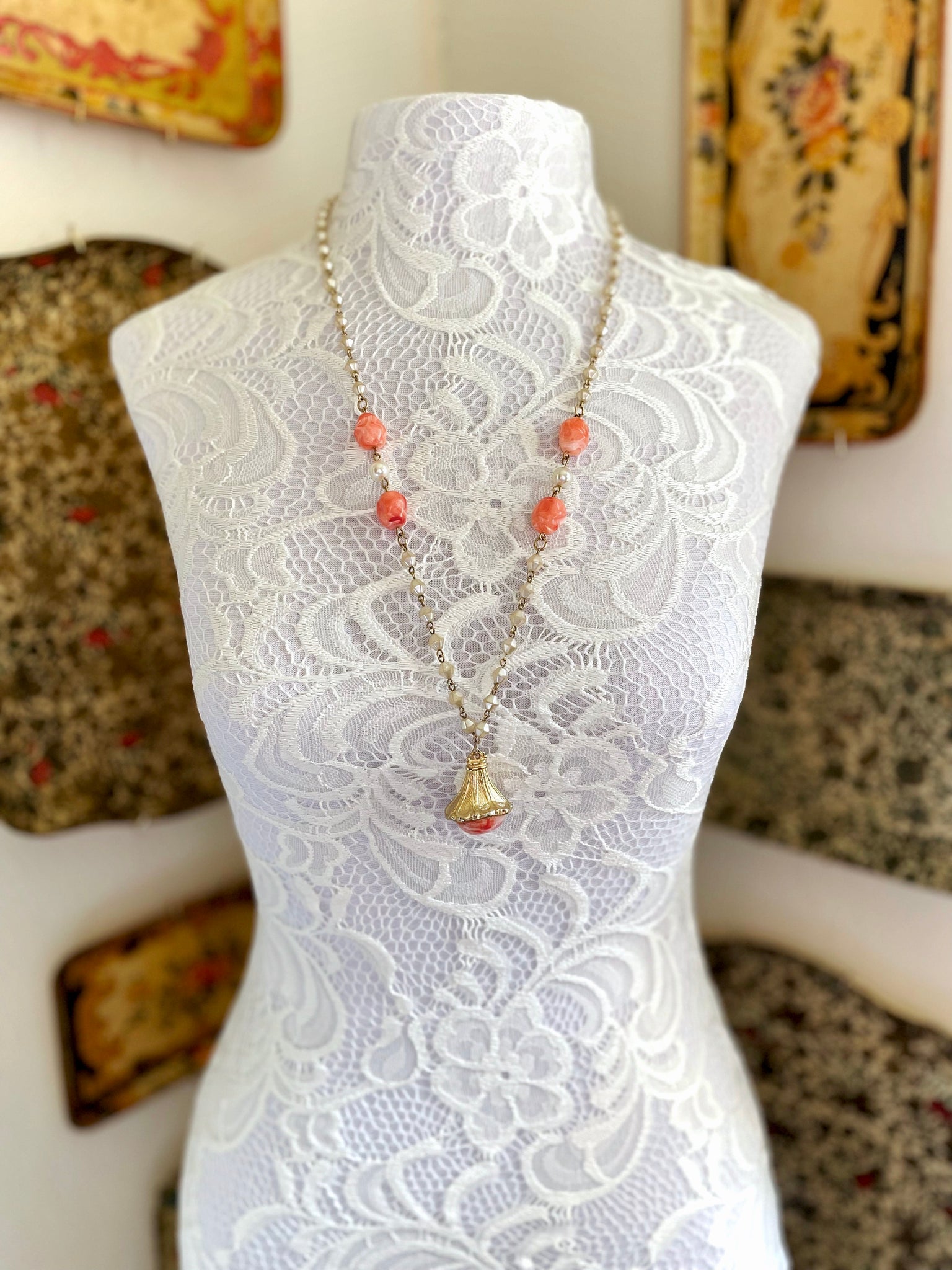 Long Gold and Coral Beaded Vintage Necklace