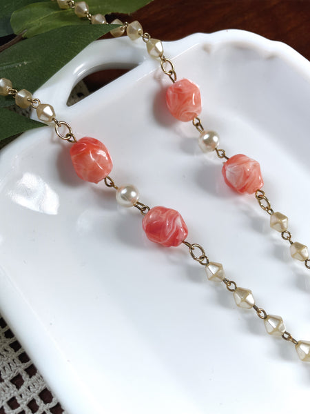 Long Gold and Coral Beaded Vintage Necklace