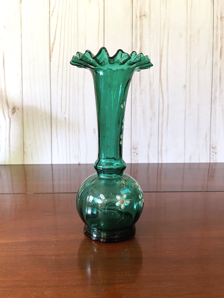 Green and Gold Ruffled Bohemian Glass Vase