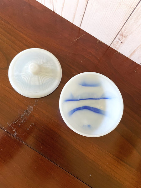 Akro Agate White and Blue Lidded Powder Dish