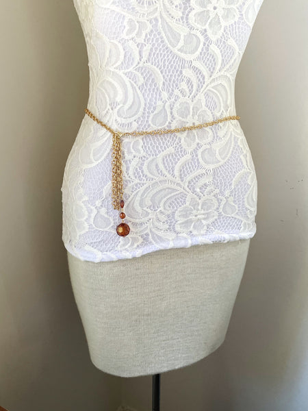 Gold Chain Belt with Brown Beaded Drop