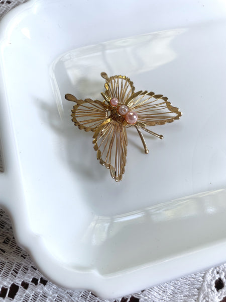 Gold and Faux Pearl Butterfly Pin