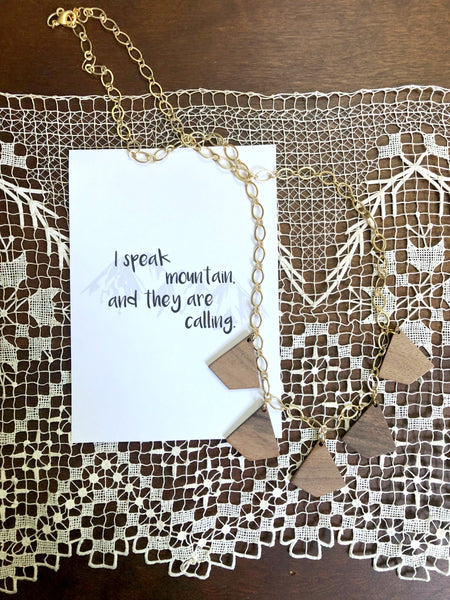 MOUNTAINS ARE CALLING Wooden Statement Necklace & Poem