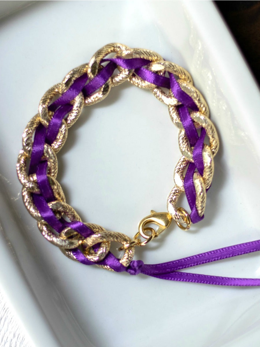 Woven Ribbon Gold Chain Statement Bracelet with Clasp - Choose Your Color