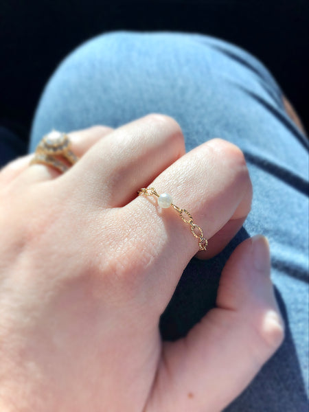 Gold Tiny Faux Pearl Chain Ring