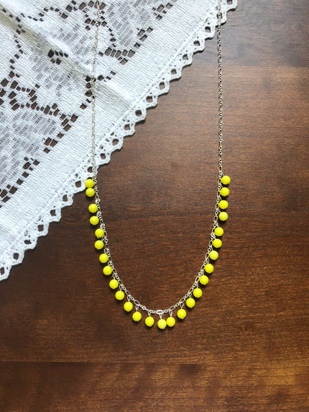 Yellow Beaded Long Silver Necklace