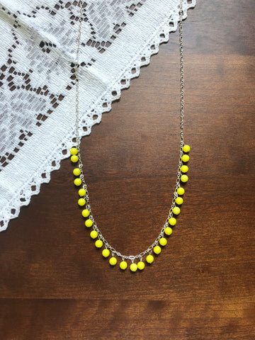 Yellow Beaded Long Silver Necklace