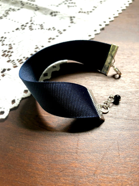 Navy Blue Ribbon Cuff Bracelet