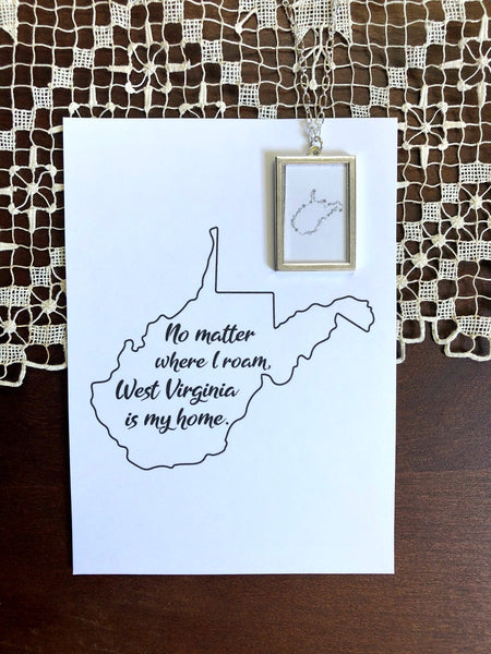 WEST VIRGINIA Floral State Outline Silver Large Necklace