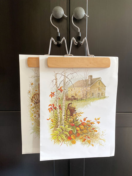 Set of Vintage Fall Landscape Prints with Wooden Hangers