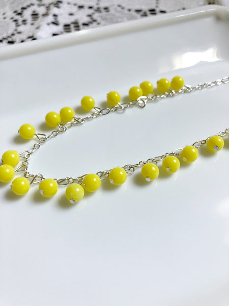 Yellow Beaded Long Silver Necklace