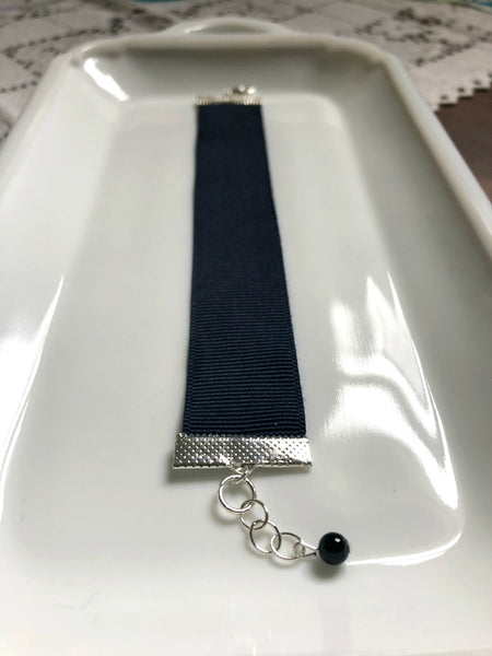 Navy Blue Ribbon Cuff Bracelet