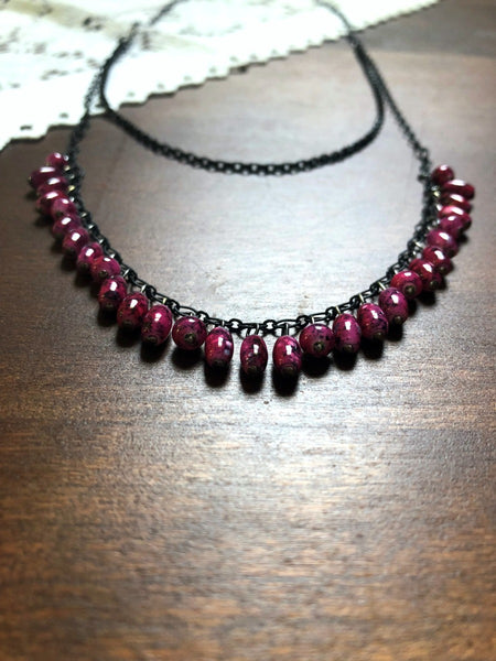 Magenta and Black Beaded Long Necklace