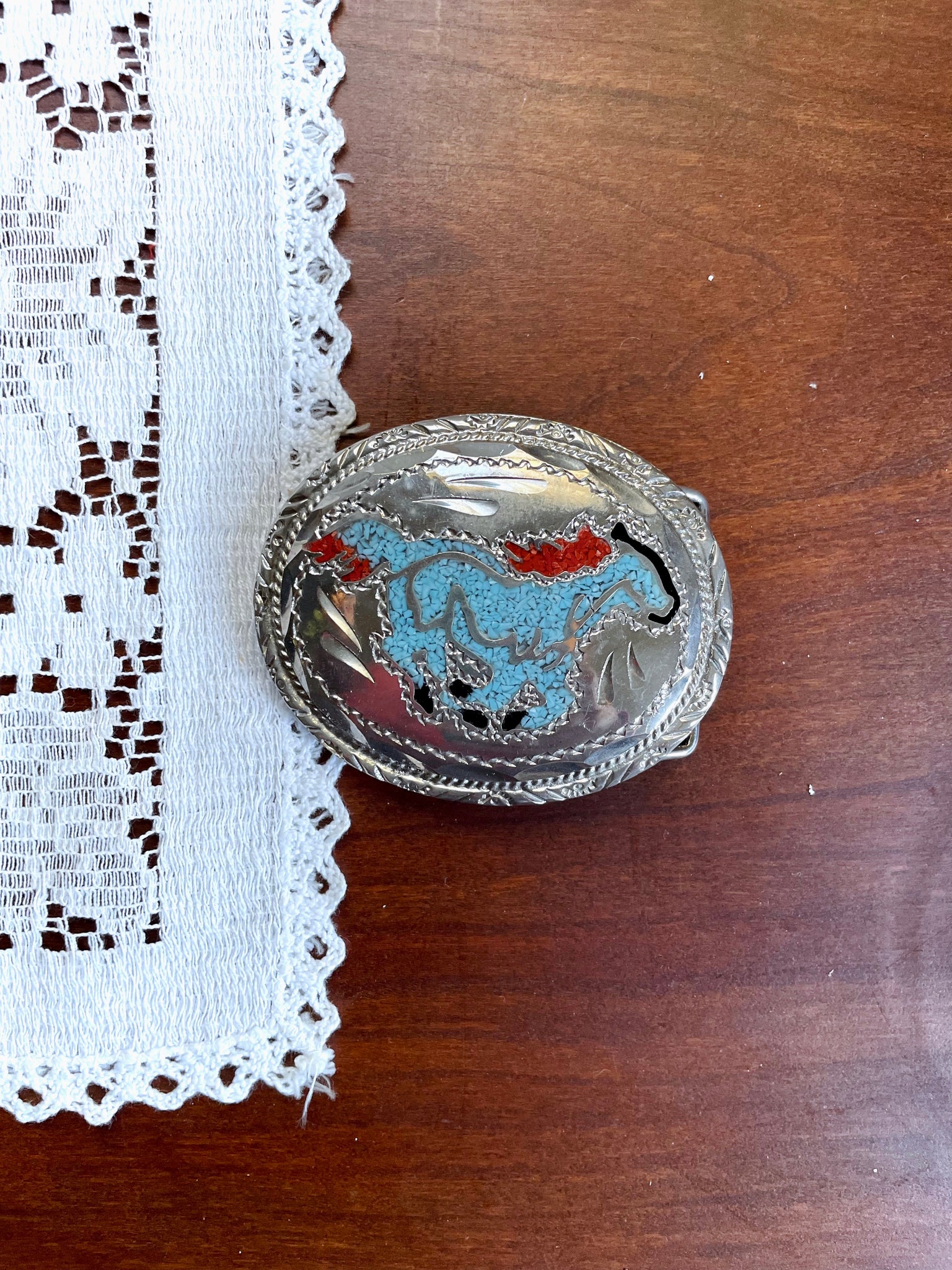 Silver Blue and Red Horse Belt Buckle