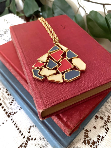 Vintage Red Ivory and Blue Art Deco Pendant Necklace