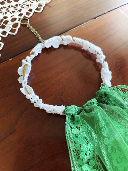 Green and White Lace Hoop Wall Hanging
