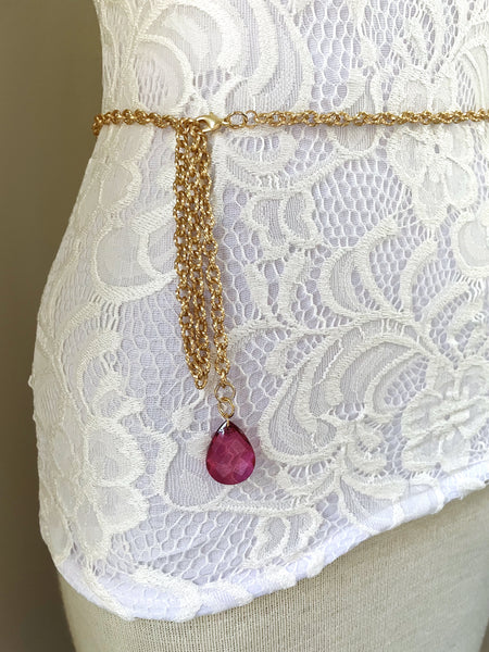 Gold Chain Belt with Pink Drop