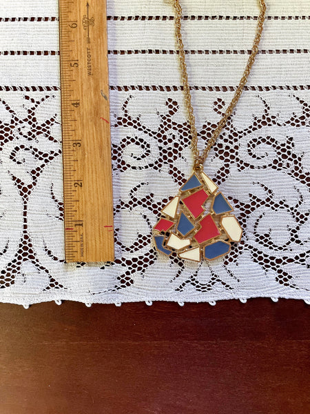 Vintage Red Ivory and Blue Art Deco Pendant Necklace