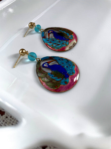 Peacock Vintage Enamel Earrings