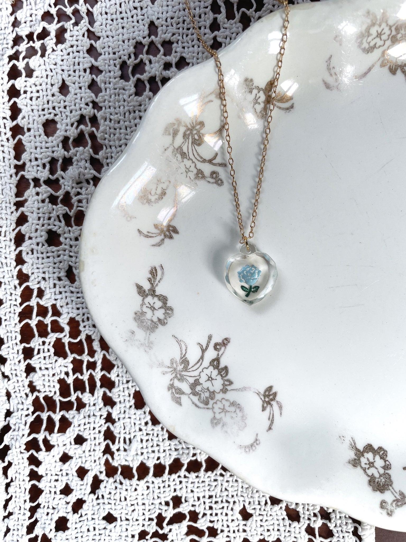 Vintage Blue Rose Charm Necklace