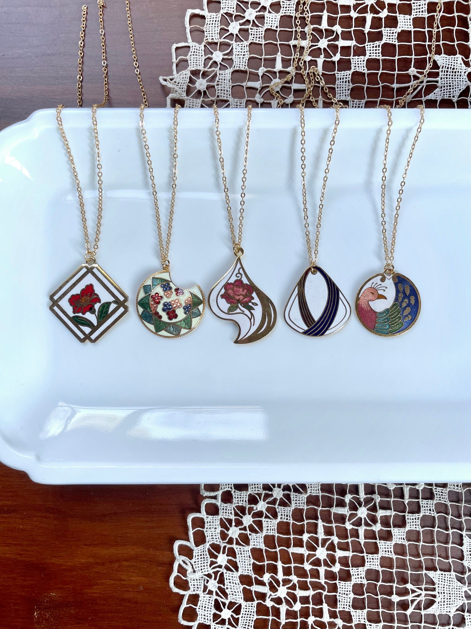 White and Colorful Vintage Enamel Pendant Necklace
