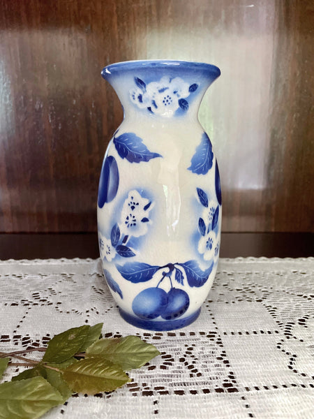 Antique Cecho-Slovakia Blue and White Floral Vase