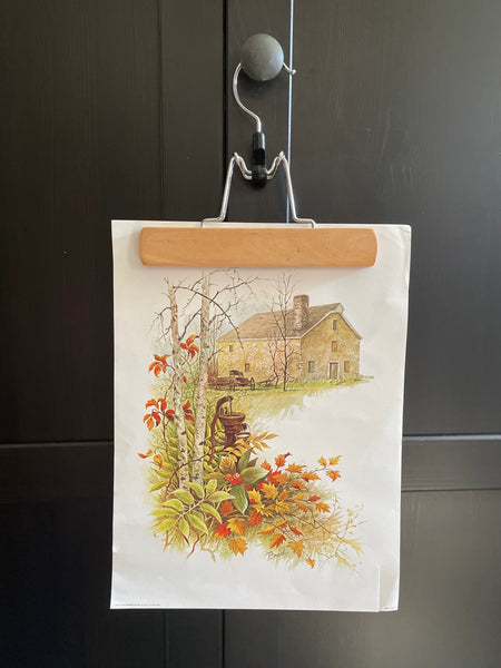 Set of Vintage Fall Landscape Prints with Wooden Hangers