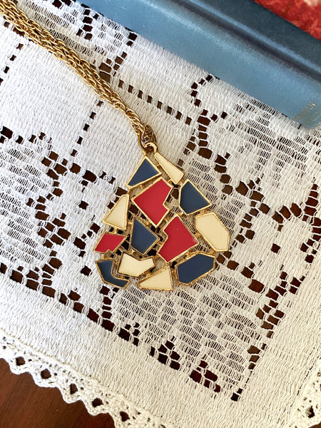 Vintage Red Ivory and Blue Art Deco Pendant Necklace