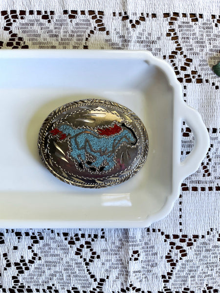 Silver Blue and Red Horse Belt Buckle