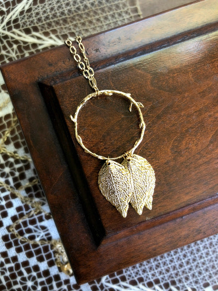 Mother's Day Necklace - Long Gold Leaves and Branch Necklace