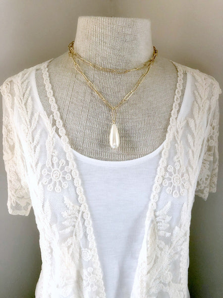 Gold Link Chain Pearl Necklace - Double Strand